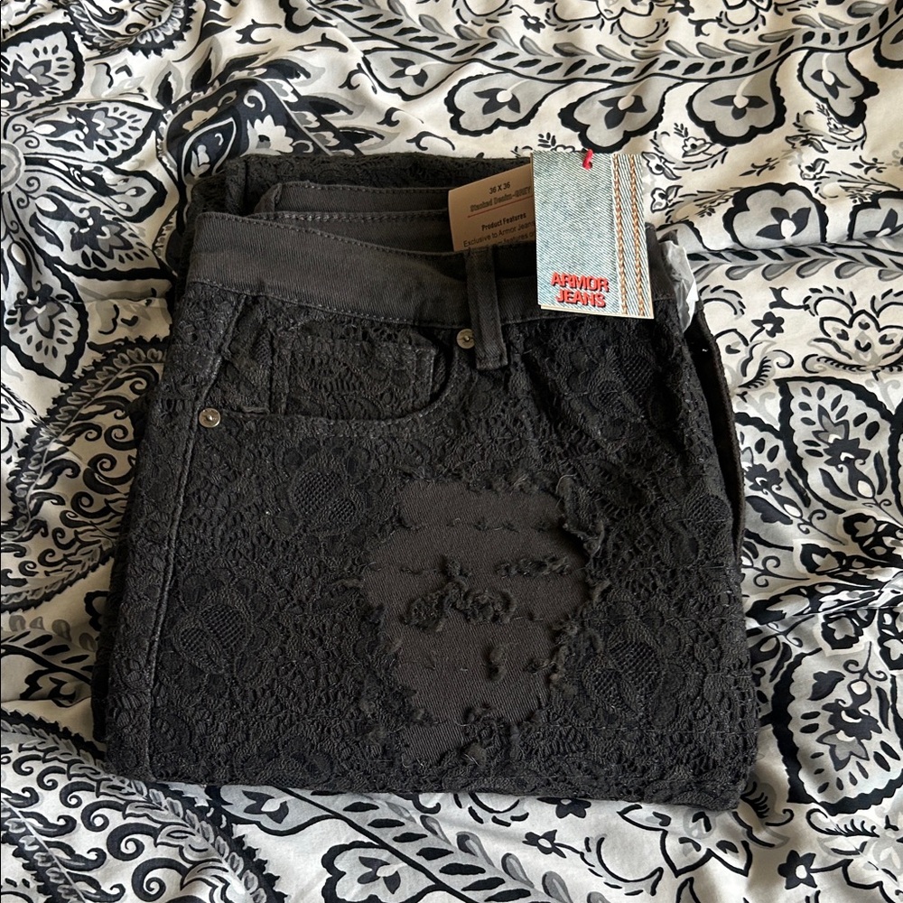 Men Black Lace Distressed Skinny Jeans